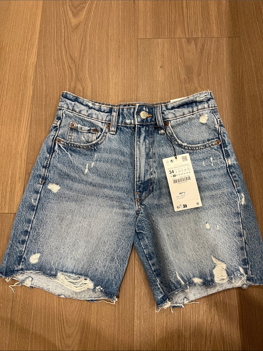 Zara Distressed High-Waist Denim Shorts - Blue